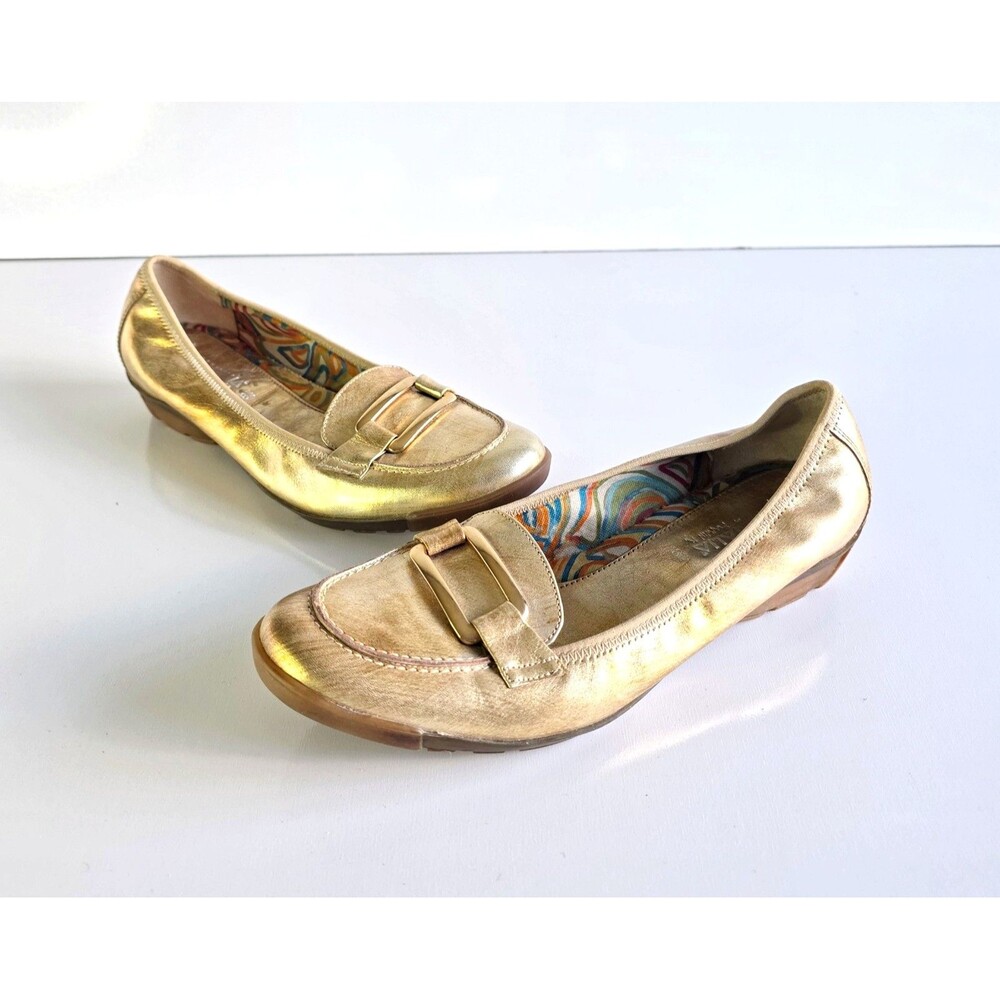 AQUATALIA Metallic Gold Leather Loafers Sz 8.5 Slip On Comfort Flats Buckle